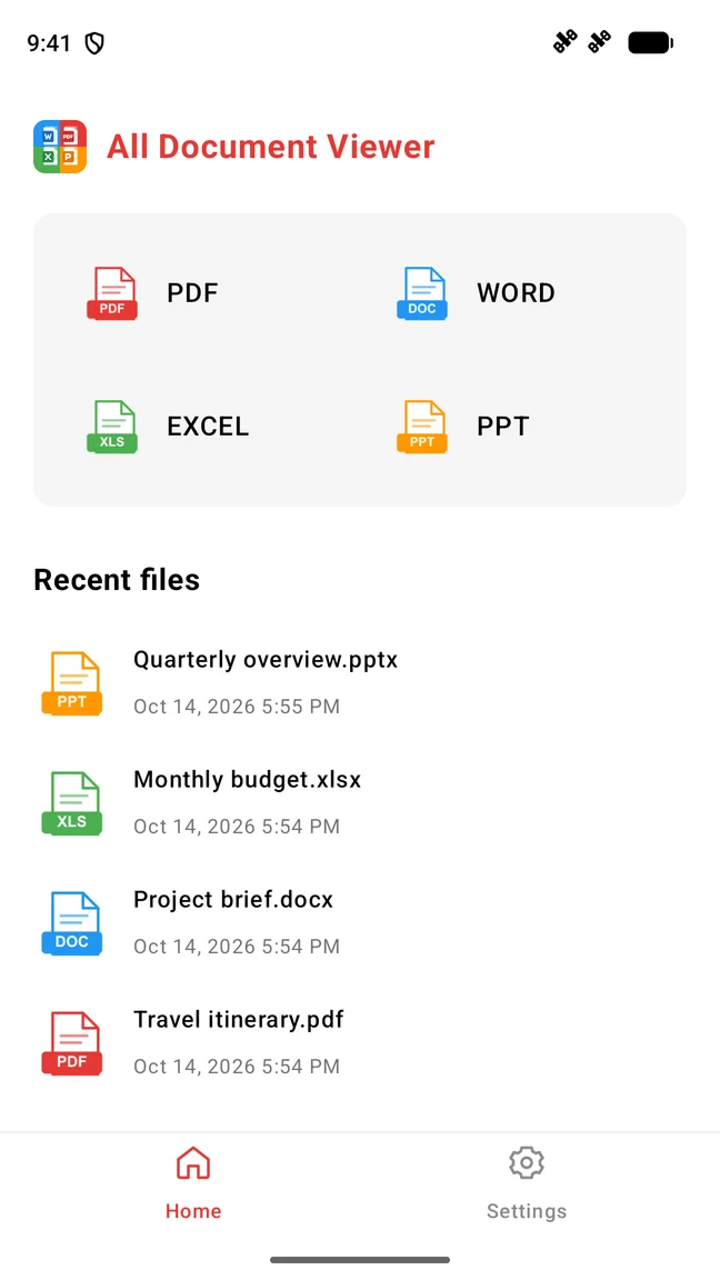 App home screen with PDF, Word, Excel and PowerPoint categories and recently opened sample documents.