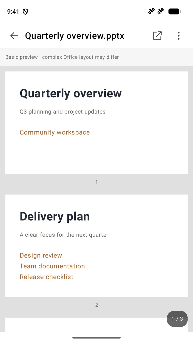 PowerPoint preview showing sample quarterly overview and delivery plan slides.