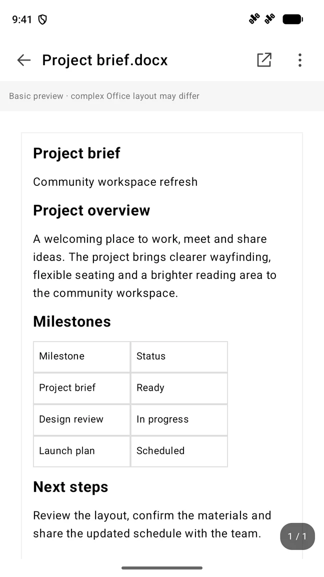 Word preview showing text, headings and a milestone table in a sample project brief.